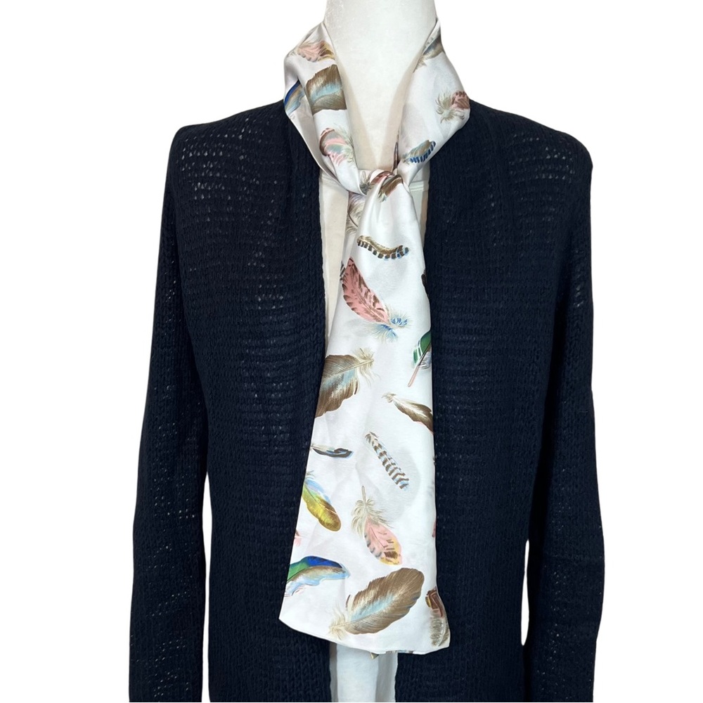 Girly Bird Feather Print Silky Scarf Cream Pink Green Blue Brown New